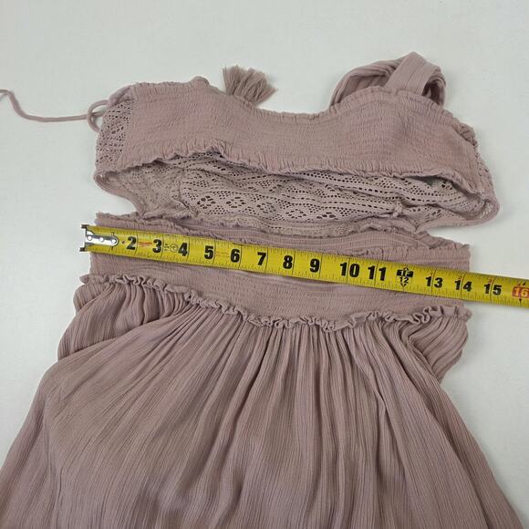 Free People Dress Womens Large Mauve Boho Maxi Lace Crochet Ruffle Smocked - Picture 14 of 14